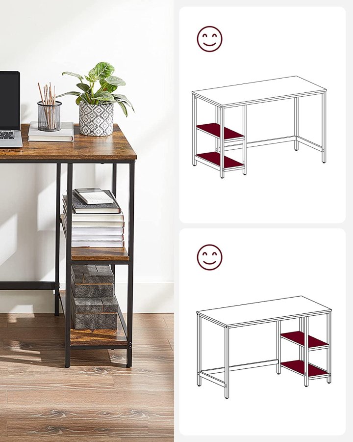 VASAGLE LWD046B01 Skrivbord Datorbord PC-bord Skrivbord med 2 hyllor p hger eller vnster sida fr kontor Vardagsrum Stlram Industriell design Vintage Brun/Svart