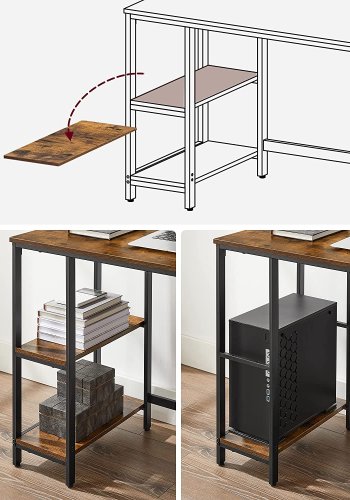 VASAGLE LWD046B01 Skrivbord Datorbord PC-bord Skrivbord med 2 hyllor p hger eller vnster sida fr kontor Vardagsrum Stlram Industriell design Vintage Brun/Svart