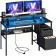 VASAGLE Skrivebord med stofskuffer, Computerbord med sk�rmstativ, LED-belysning, 55 x 135 x 90 cm, Indbyggede stikkontakter, 2 USB-A-porte, til hjemmekontor, Ebony Black LWD094B56