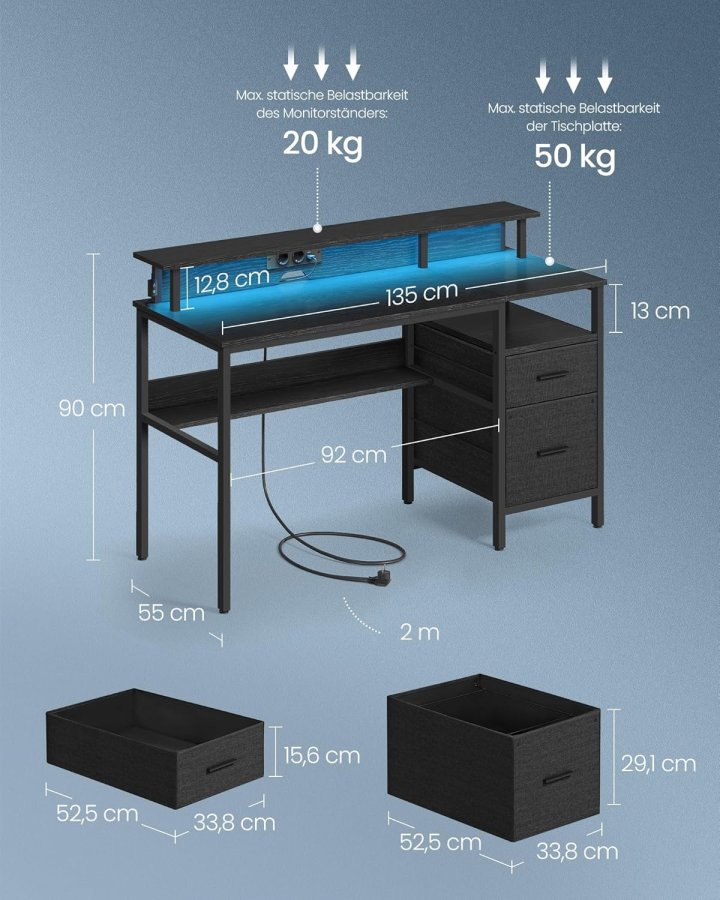 VASAGLE Skrivebord med stofskuffer, Computerbord med sk�rmstativ, LED-belysning, 55 x 135 x 90 cm, Indbyggede stikkontakter, 2 USB-A-porte, til hjemmekontor, Ebony Black LWD094B56
