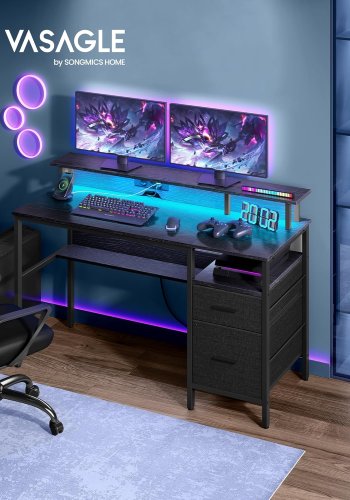 VASAGLE Skrivebord med stofskuffer, Computerbord med sk�rmstativ, LED-belysning, 55 x 135 x 90 cm, Indbyggede stikkontakter, 2 USB-A-porte, til hjemmekontor, Ebony Black LWD094B56