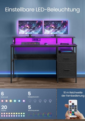 VASAGLE Skrivebord med stofskuffer, Computerbord med sk�rmstativ, LED-belysning, 55 x 135 x 90 cm, Indbyggede stikkontakter, 2 USB-A-porte, til hjemmekontor, Ebony Black LWD094B56