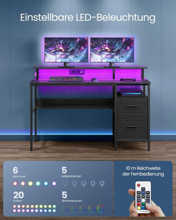 VASAGLE Skrivebord med stofskuffer, Computerbord med sk�rmstativ, LED-belysning, 55 x 135 x 90 cm, Indbyggede stikkontakter, 2 USB-A-porte, til hjemmekontor, Ebony Black LWD094B56
