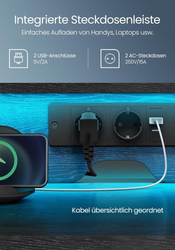 VASAGLE Skrivebord med stofskuffer, Computerbord med sk�rmstativ, LED-belysning, 55 x 135 x 90 cm, Indbyggede stikkontakter, 2 USB-A-porte, til hjemmekontor, Ebony Black LWD094B56