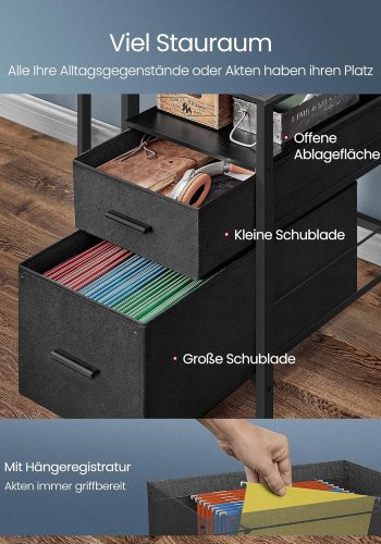 VASAGLE Skrivebord med stofskuffer, Computerbord med sk�rmstativ, LED-belysning, 55 x 135 x 90 cm, Indbyggede stikkontakter, 2 USB-A-porte, til hjemmekontor, Ebony Black LWD094B56