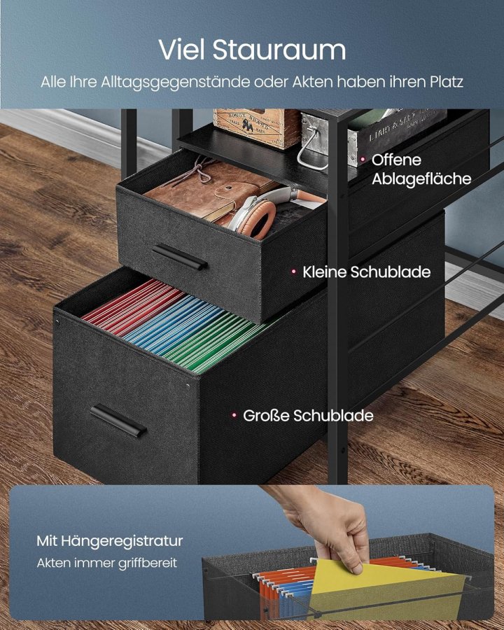 VASAGLE Skrivebord med stofskuffer, Computerbord med sk�rmstativ, LED-belysning, 55 x 135 x 90 cm, Indbyggede stikkontakter, 2 USB-A-porte, til hjemmekontor, Ebony Black LWD094B56