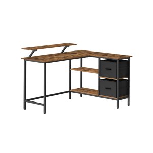 VASAGLE L-formet skrivebord med 2 rummelige skuffer, gamingbord med sk�rmstativ, hj�rnebord, computerbord med justerbar opbevaringshylde, til hjemmekontor, rustik brun LWD098B01