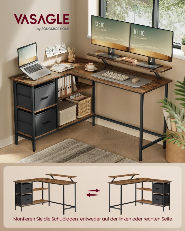 VASAGLE L-formet skrivebord med 2 rummelige skuffer, gamingbord med sk�rmstativ, hj�rnebord, computerbord med justerbar opbevaringshylde, til hjemmekontor, rustik brun LWD098B01
