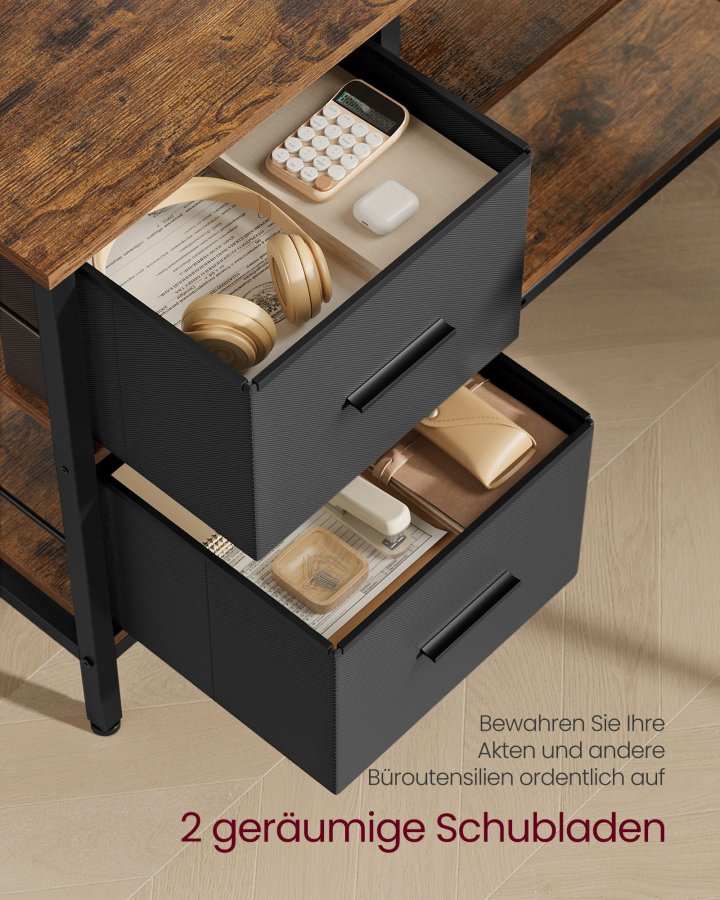 VASAGLE L-formet skrivebord med 2 rummelige skuffer, gamingbord med sk�rmstativ, hj�rnebord, computerbord med justerbar opbevaringshylde, til hjemmekontor, rustik brun LWD098B01