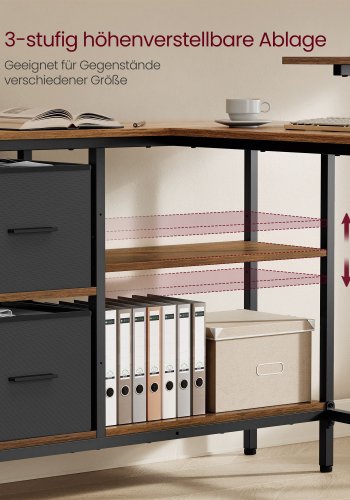 VASAGLE L-formet skrivebord med 2 rummelige skuffer, gamingbord med sk�rmstativ, hj�rnebord, computerbord med justerbar opbevaringshylde, til hjemmekontor, rustik brun LWD098B01