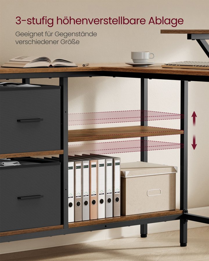 VASAGLE L-formet skrivebord med 2 rummelige skuffer, gamingbord med sk�rmstativ, hj�rnebord, computerbord med justerbar opbevaringshylde, til hjemmekontor, rustik brun LWD098B01