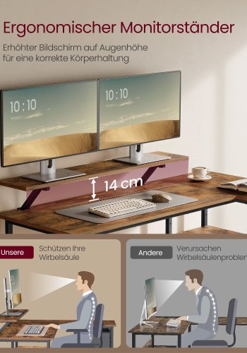 VASAGLE L-formet skrivebord med 2 rummelige skuffer, gamingbord med sk�rmstativ, hj�rnebord, computerbord med justerbar opbevaringshylde, til hjemmekontor, rustik brun LWD098B01