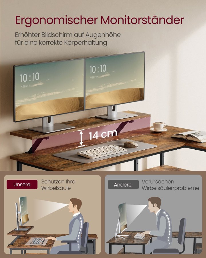 VASAGLE L-formet skrivebord med 2 rummelige skuffer, gamingbord med sk�rmstativ, hj�rnebord, computerbord med justerbar opbevaringshylde, til hjemmekontor, rustik brun LWD098B01