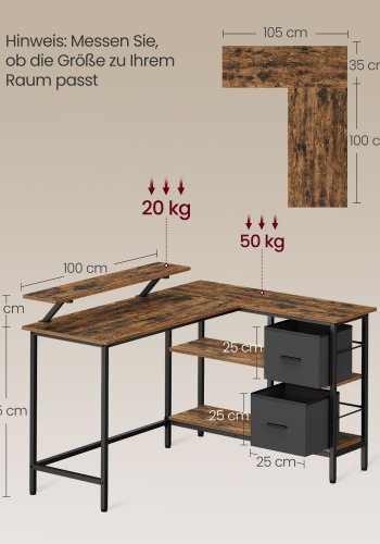 VASAGLE L-formet skrivebord med 2 rummelige skuffer, gamingbord med sk�rmstativ, hj�rnebord, computerbord med justerbar opbevaringshylde, til hjemmekontor, rustik brun LWD098B01