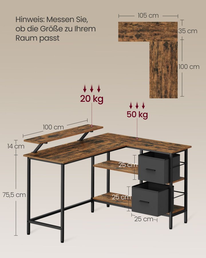 VASAGLE L-formet skrivebord med 2 rummelige skuffer, gamingbord med sk�rmstativ, hj�rnebord, computerbord med justerbar opbevaringshylde, til hjemmekontor, rustik brun LWD098B01