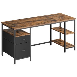 VASAGLE Computerbord, Arbejdsbord med Opbevaring, 3 Hylder, 2 Skuffer, 60 x 160 x 76 cm, Til Hjemmekontor, Stue, Industriel Stil, Rustik Brun og Mat Sort LWD105K01