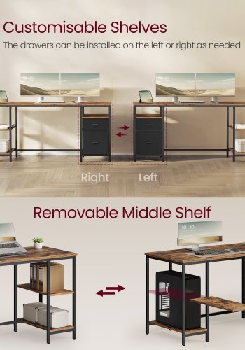 VASAGLE Computerbord, Arbejdsbord med Opbevaring, 3 Hylder, 2 Skuffer, 60 x 160 x 76 cm, Til Hjemmekontor, Stue, Industriel Stil, Rustik Brun og Mat Sort LWD105K01
