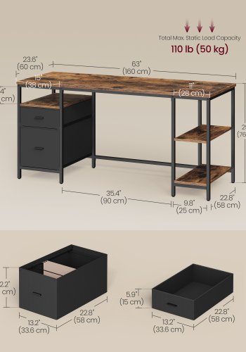 VASAGLE Computerbord, Arbejdsbord med Opbevaring, 3 Hylder, 2 Skuffer, 60 x 160 x 76 cm, Til Hjemmekontor, Stue, Industriel Stil, Rustik Brun og Mat Sort LWD105K01