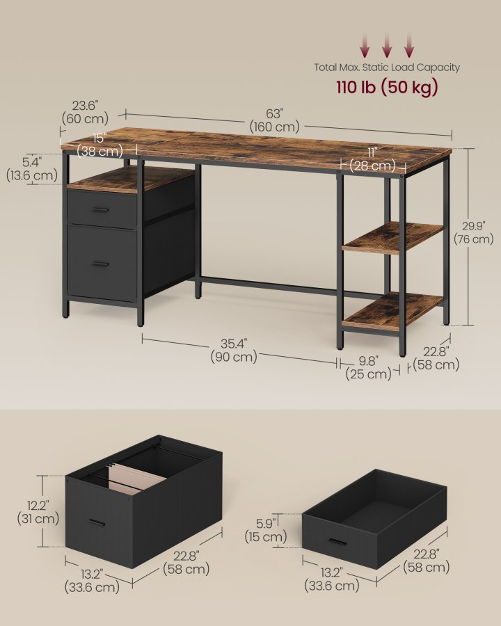 VASAGLE Computerbord, Arbejdsbord med Opbevaring, 3 Hylder, 2 Skuffer, 60 x 160 x 76 cm, Til Hjemmekontor, Stue, Industriel Stil, Rustik Brun og Mat Sort LWD105K01
