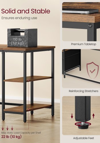 VASAGLE Computerbord, Arbejdsbord med Opbevaring, 3 Hylder, 2 Skuffer, 60 x 160 x 76 cm, Til Hjemmekontor, Stue, Industriel Stil, Rustik Brun og Mat Sort LWD105K01