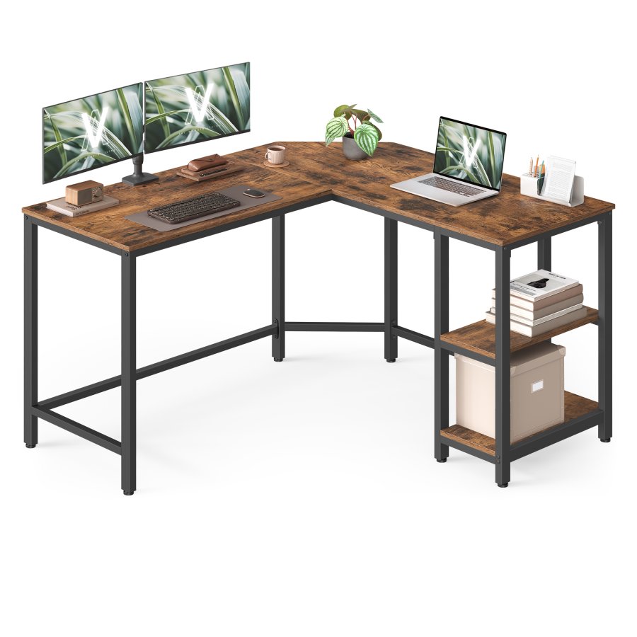 VASAGLE Computertisch, L-f&ouml;rmiger Eckschreibtisch, 130 x 130 x 76 cm, Gaming-Schreibtisch, Arbeitsplatz mit 2 Ablagef&auml;chern f&uuml;r das Homeoffice, platzsparend, einfach zu montieren, rustikales Braun und Tintenschwarz LWD123K01