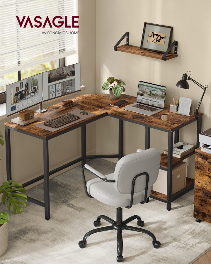 VASAGLE Computertisch, L-f&ouml;rmiger Eckschreibtisch, 130 x 130 x 76 cm, Gaming-Schreibtisch, Arbeitsplatz mit 2 Ablagef&auml;chern f&uuml;r das Homeoffice, platzsparend, einfach zu montieren, rustikales Braun und Tintenschwarz LWD123K01