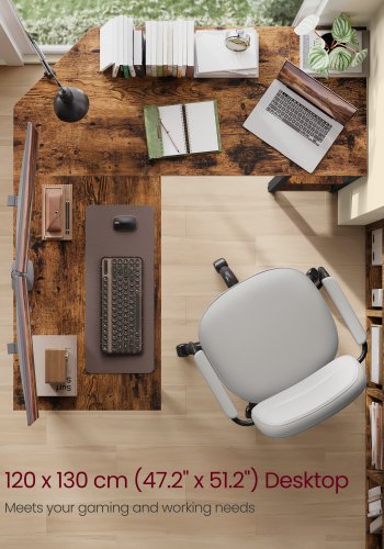 VASAGLE Databord, L-formet hj�rnebord, 130 x 130 x 76 cm, spillbord, arbeidsstasjon med 2 oppbevaringshyller for hjemmekontor, plassbesparende, enkel � montere, rustikk brun og blekksvart LWD123K01