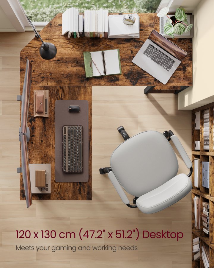 VASAGLE Computertisch, L-f&ouml;rmiger Eckschreibtisch, 130 x 130 x 76 cm, Gaming-Schreibtisch, Arbeitsplatz mit 2 Ablagef&auml;chern f&uuml;r das Homeoffice, platzsparend, einfach zu montieren, rustikales Braun und Tintenschwarz LWD123K01