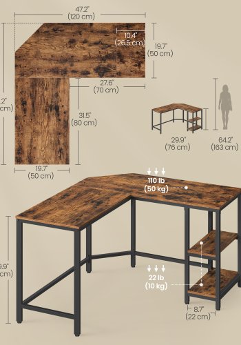 VASAGLE Computertisch, L-f&ouml;rmiger Eckschreibtisch, 130 x 130 x 76 cm, Gaming-Schreibtisch, Arbeitsplatz mit 2 Ablagef&auml;chern f&uuml;r das Homeoffice, platzsparend, einfach zu montieren, rustikales Braun und Tintenschwarz LWD123K01