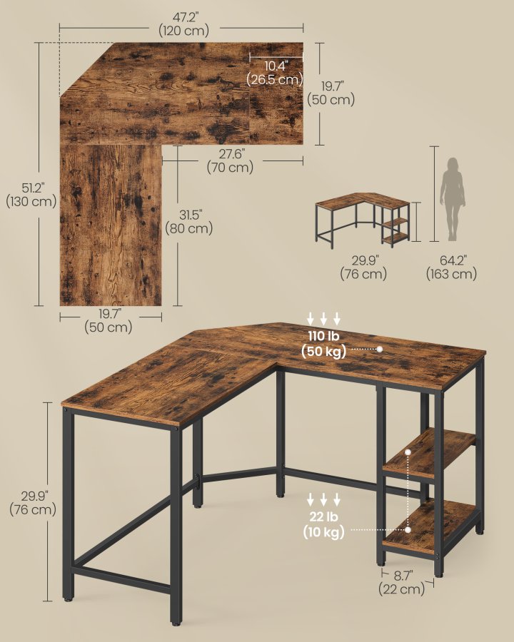 VASAGLE Computertisch, L-f&ouml;rmiger Eckschreibtisch, 130 x 130 x 76 cm, Gaming-Schreibtisch, Arbeitsplatz mit 2 Ablagef&auml;chern f&uuml;r das Homeoffice, platzsparend, einfach zu montieren, rustikales Braun und Tintenschwarz LWD123K01