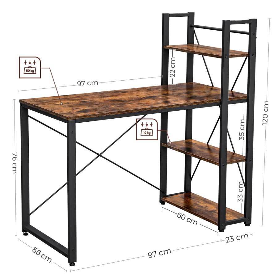 VASAGLE LWD48X skrivebord, m. 3 hylder - rustik brun sp�nplade og sort st�l (120x60)
