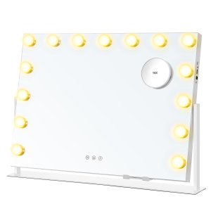 SONGMICS Sminkspegel med Ljus, 58 x 43 cm, Sminkspegel med 15 LED-Ljusk&auml;llor, med Laddningsportar, Peksk&auml;rm, 3 Ljusf&auml;rger, Dimbar, Mobiltelefonh�llare, Mattvit LWM001W02 [Energiklass F]