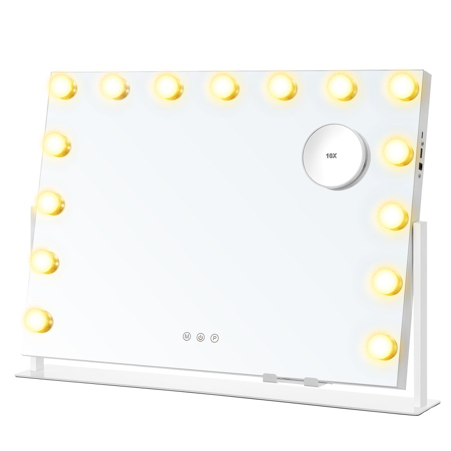 SONGMICS Sminkspegel med Ljus, 58 x 43 cm, Sminkspegel med 15 LED-Ljusk&auml;llor, med Laddningsportar, Peksk&auml;rm, 3 Ljusf&auml;rger, Dimbar, Mobiltelefonh�llare, Mattvit LWM001W02 [Energiklass F]