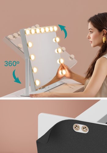 SONGMICS Sminkspegel med Ljus, 58 x 43 cm, Sminkspegel med 15 LED-Ljusk&auml;llor, med Laddningsportar, Peksk&auml;rm, 3 Ljusf&auml;rger, Dimbar, Mobiltelefonh�llare, Mattvit LWM001W02 [Energiklass F]