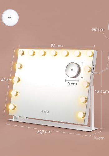 SONGMICS Sminkspegel med Ljus, 58 x 43 cm, Sminkspegel med 15 LED-Ljusk&auml;llor, med Laddningsportar, Peksk&auml;rm, 3 Ljusf&auml;rger, Dimbar, Mobiltelefonh�llare, Mattvit LWM001W02 [Energiklass F]