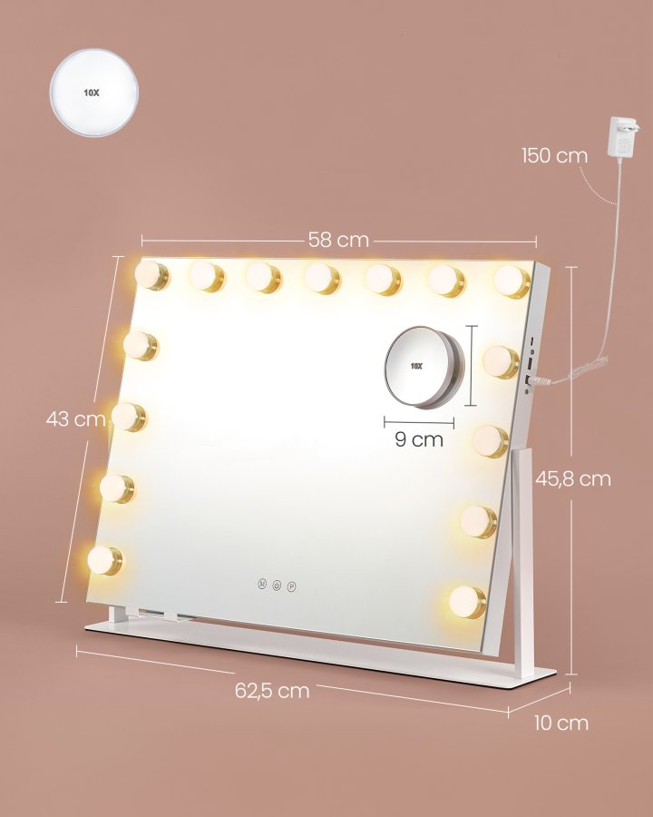 SONGMICS Sminkspegel med Ljus, 58 x 43 cm, Sminkspegel med 15 LED-Ljusk&auml;llor, med Laddningsportar, Peksk&auml;rm, 3 Ljusf&auml;rger, Dimbar, Mobiltelefonh�llare, Mattvit LWM001W02 [Energiklass F]