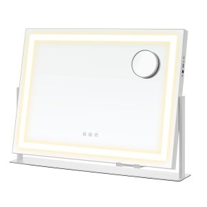 SONGMICS Sminkspegel med belysning, 15 LED-lampor, sockel, touchkontroll, 3 ljustemperaturer, justerbar ljusstyrka, telefonh�llare, mattvit LWM002W02