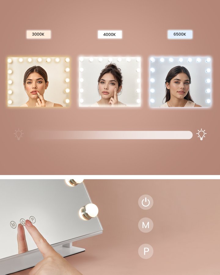 SONGMICS Sminkspegel med belysning, 15 LED-lampor, sockel, touchkontroll, 3 ljustemperaturer, justerbar ljusstyrka, telefonh�llare, mattvit LWM002W02