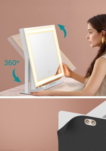 SONGMICS Sminkspegel med belysning, 15 LED-lampor, sockel, touchkontroll, 3 ljustemperaturer, justerbar ljusstyrka, telefonh�llare, mattvit LWM002W02