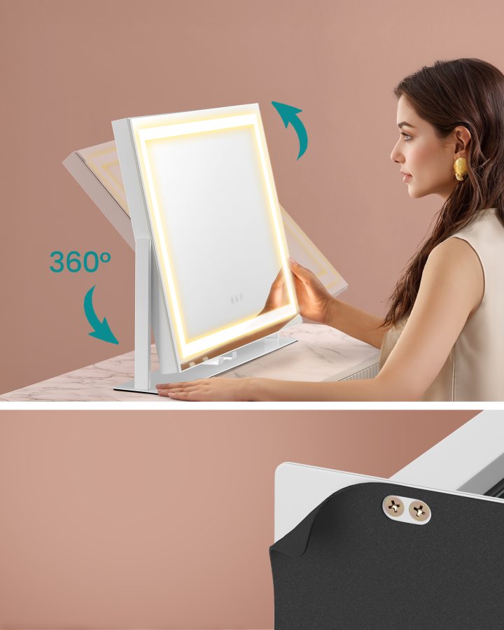 SONGMICS Sminkspegel med belysning, 15 LED-lampor, sockel, touchkontroll, 3 ljustemperaturer, justerbar ljusstyrka, telefonh�llare, mattvit LWM002W02