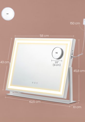 SONGMICS Sminkspegel med belysning, 15 LED-lampor, sockel, touchkontroll, 3 ljustemperaturer, justerbar ljusstyrka, telefonh�llare, mattvit LWM002W02