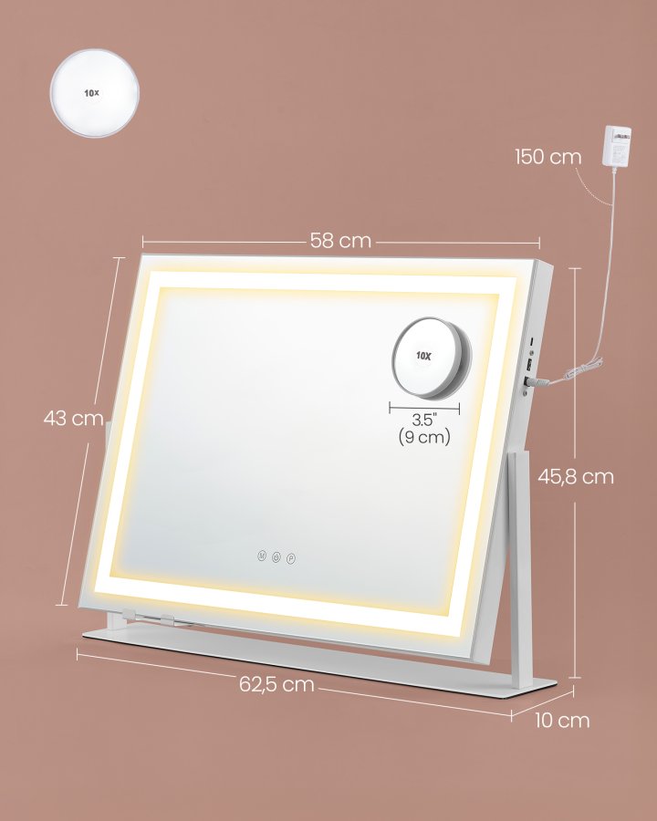 SONGMICS Sminkspegel med belysning, 15 LED-lampor, sockel, touchkontroll, 3 ljustemperaturer, justerbar ljusstyrka, telefonh�llare, mattvit LWM002W02