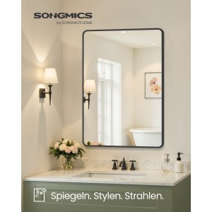 SONGMICS Badrumsspegel, V&auml;ggmonterad sminkspegel, Rektangul&auml;r, Aluminiumram, 91 x 61 cm, Med s&auml;kerhetsfilm, 2 monteringsalternativ, F&ouml;r Vardagsrum, Sovrum, Badrum, Bl&auml;cksvart LWM010BD01