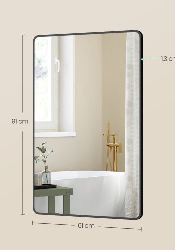 SONGMICS Badrumsspegel, V&auml;ggmonterad sminkspegel, Rektangul&auml;r, Aluminiumram, 91 x 61 cm, Med s&auml;kerhetsfilm, 2 monteringsalternativ, F&ouml;r Vardagsrum, Sovrum, Badrum, Bl&auml;cksvart LWM010BD01