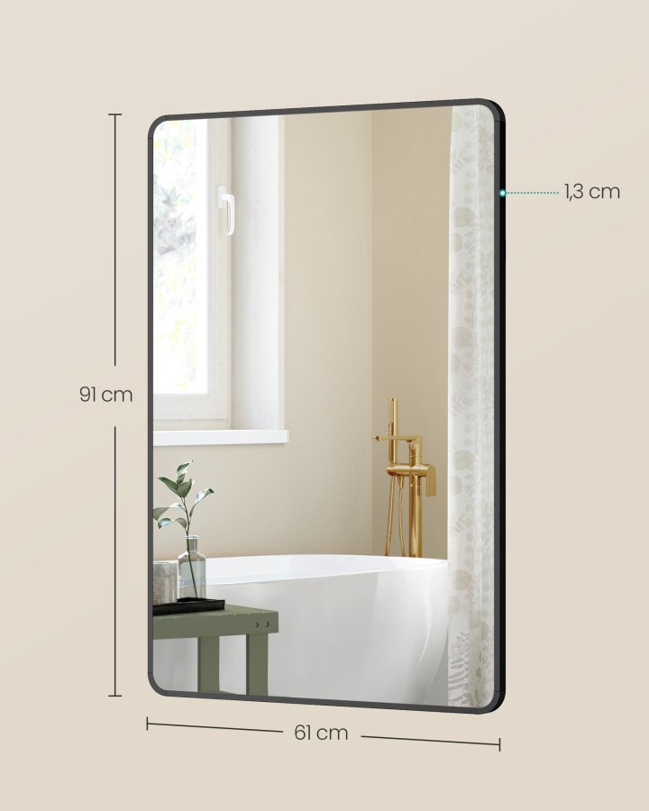 SONGMICS Badrumsspegel, V&auml;ggmonterad sminkspegel, Rektangul&auml;r, Aluminiumram, 91 x 61 cm, Med s&auml;kerhetsfilm, 2 monteringsalternativ, F&ouml;r Vardagsrum, Sovrum, Badrum, Bl&auml;cksvart LWM010BD01