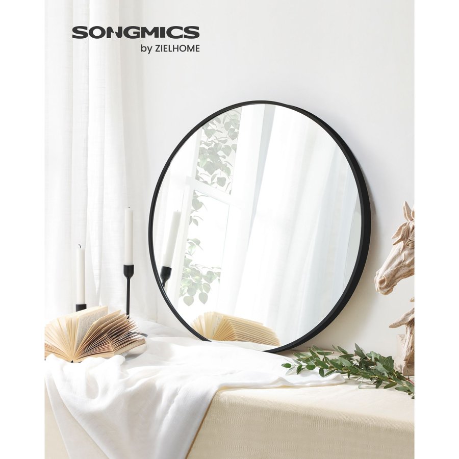SONGMICS LWM102B01 Rund v&auml;ggspegel Badrumsspegel 61 cm diameter Metallram F&ouml;r Vardagsrum Sovrum Badrum Hall Svart