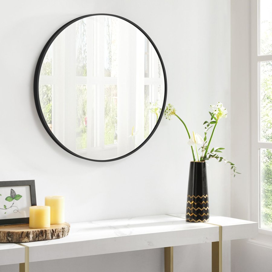 SONGMICS LWM102B01 Rund v&auml;ggspegel Badrumsspegel 61 cm diameter Metallram F&ouml;r Vardagsrum Sovrum Badrum Hall Svart