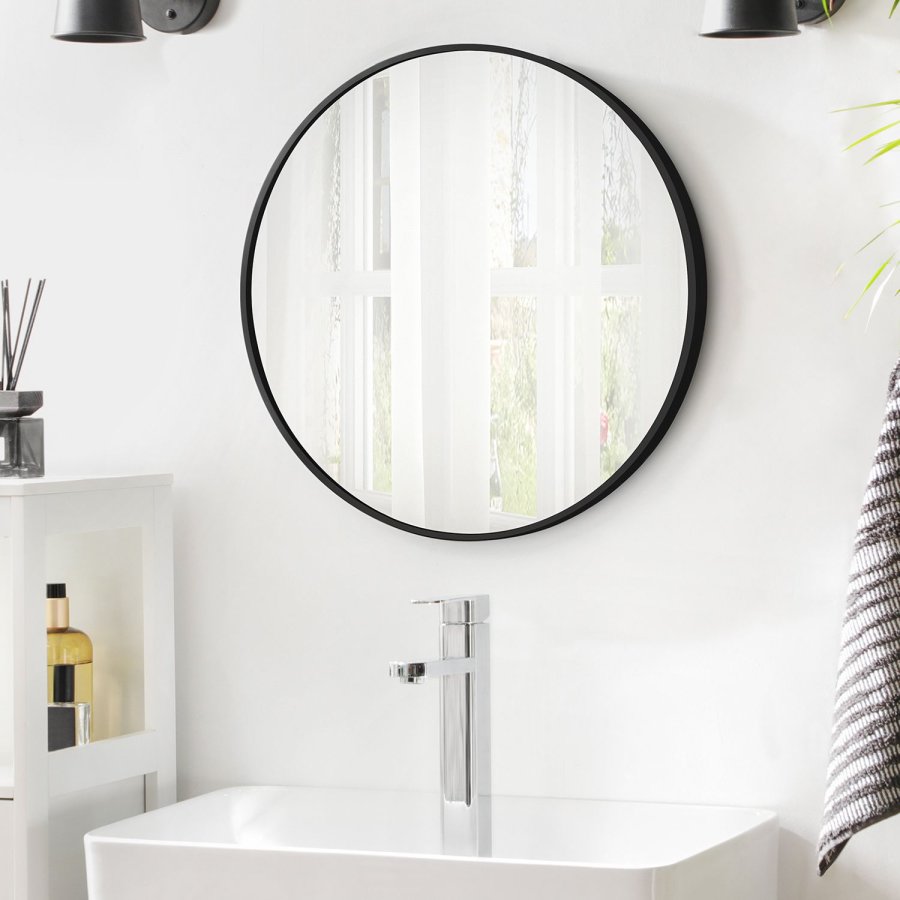 SONGMICS LWM102B01 Rund v&auml;ggspegel Badrumsspegel 61 cm diameter Metallram F&ouml;r Vardagsrum Sovrum Badrum Hall Svart