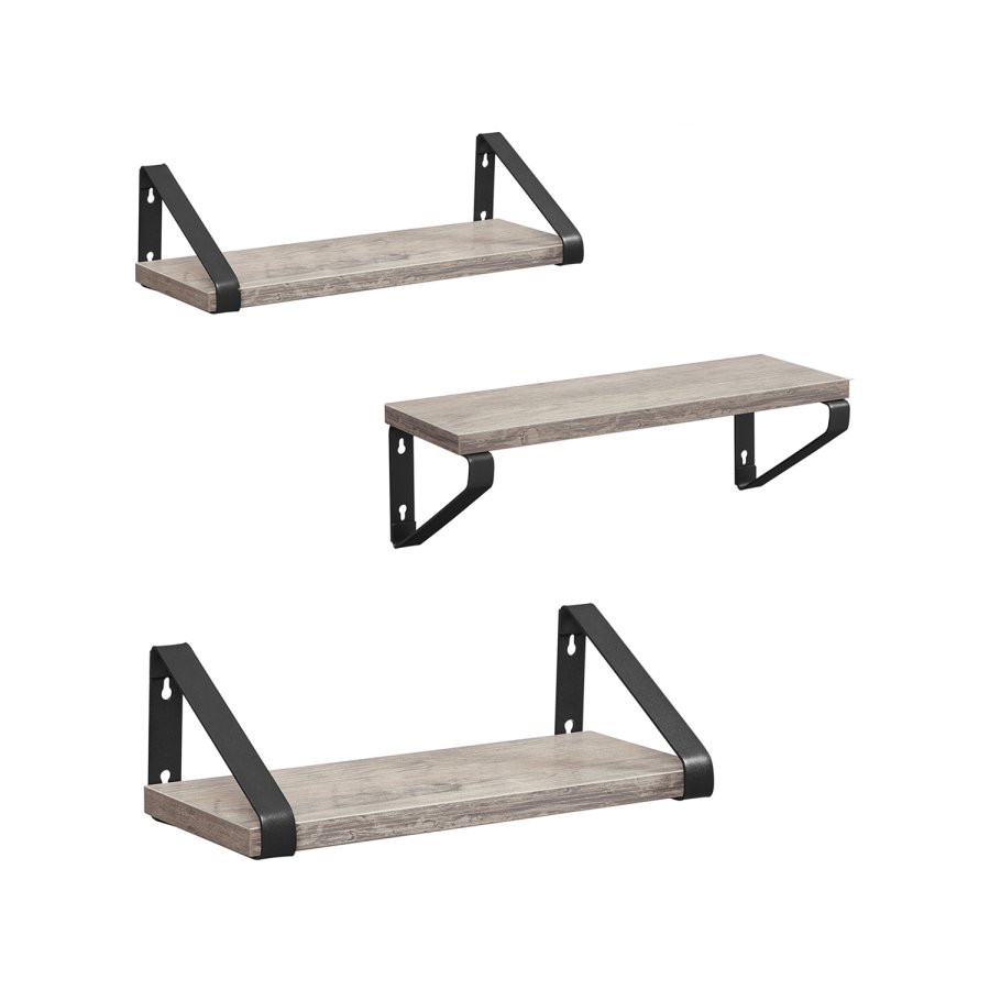 VASAGLE Sv�vende hylder i industrielt design, s�t med 3 v�gmonterede, robuste hylder til udstilling, stue, badev�relse, k�kken, gr�, sort LWS033B02