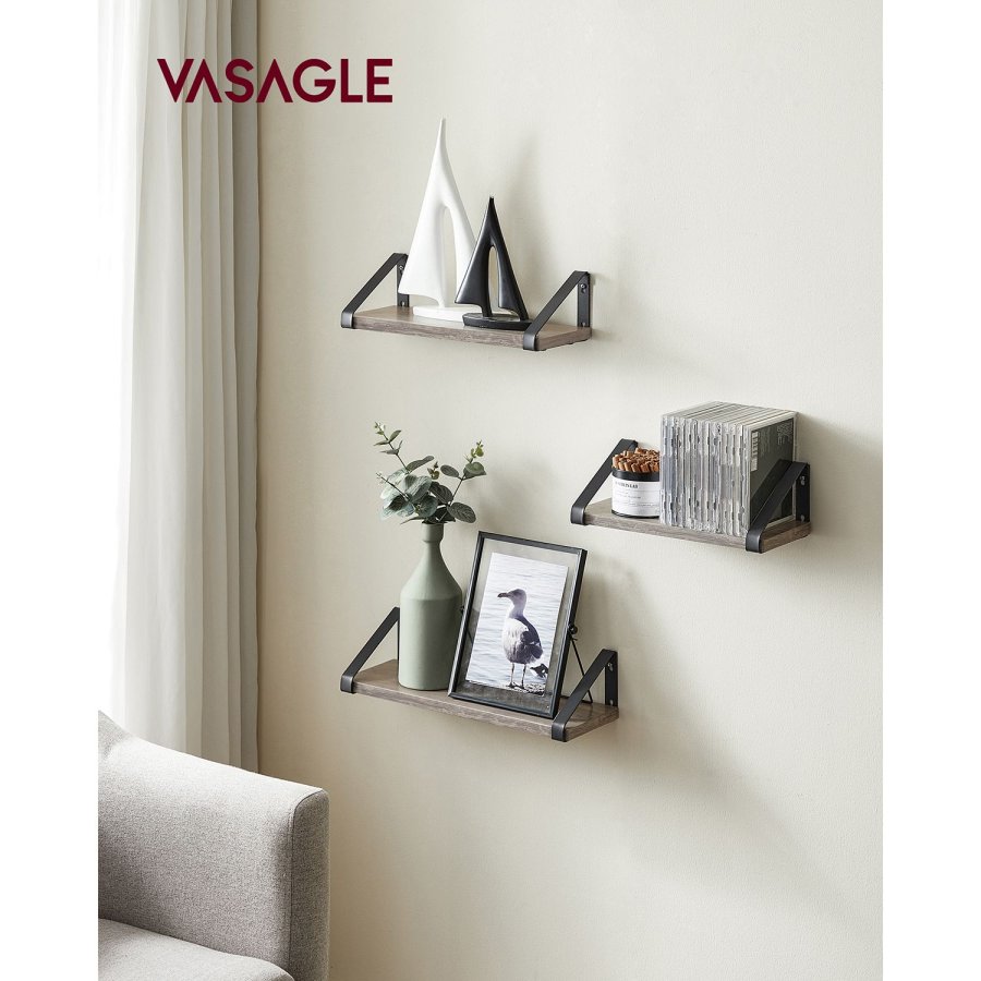 VASAGLE Sv�vende hylder i industrielt design, s�t med 3 v�gmonterede, robuste hylder til udstilling, stue, badev�relse, k�kken, gr�, sort LWS033B02